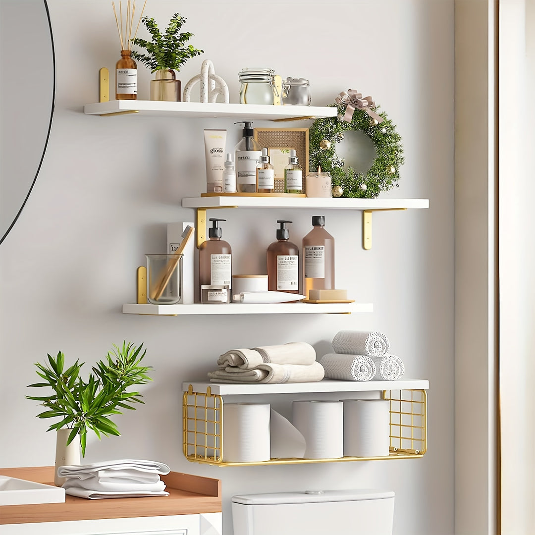 4 + 1 Layer Bathroom Shelf, Floating Shelf With Simple Wooden Wall-mounted Shelf, Toilet With Metal Wire Storage Basket Above, Kitchen, Living Room And Plant Farmhouse Wall Decoration