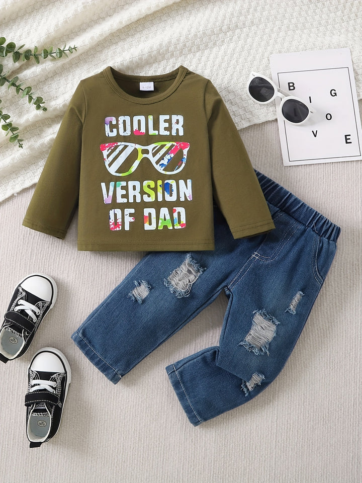 Toddler Baby Boys Trendy Casual Outfit, COOLER VERSION OF DAD Letter Print Long Sleeve Top & Ripped Jeans Set