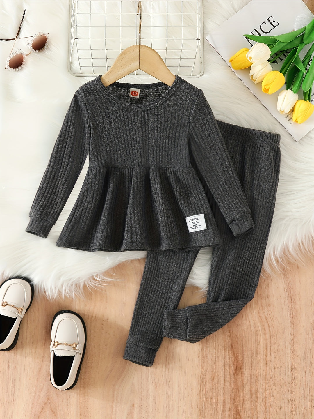 Toddler Girls Ribbed Long Sleeve Flared Hem Top + Matching Pants Kids Clothes