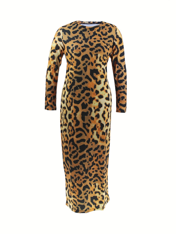Plus Size Sexy Dress, Women's Plus Leopard Print Long Sleeve Round Neck Maxi Slim Fit Dress