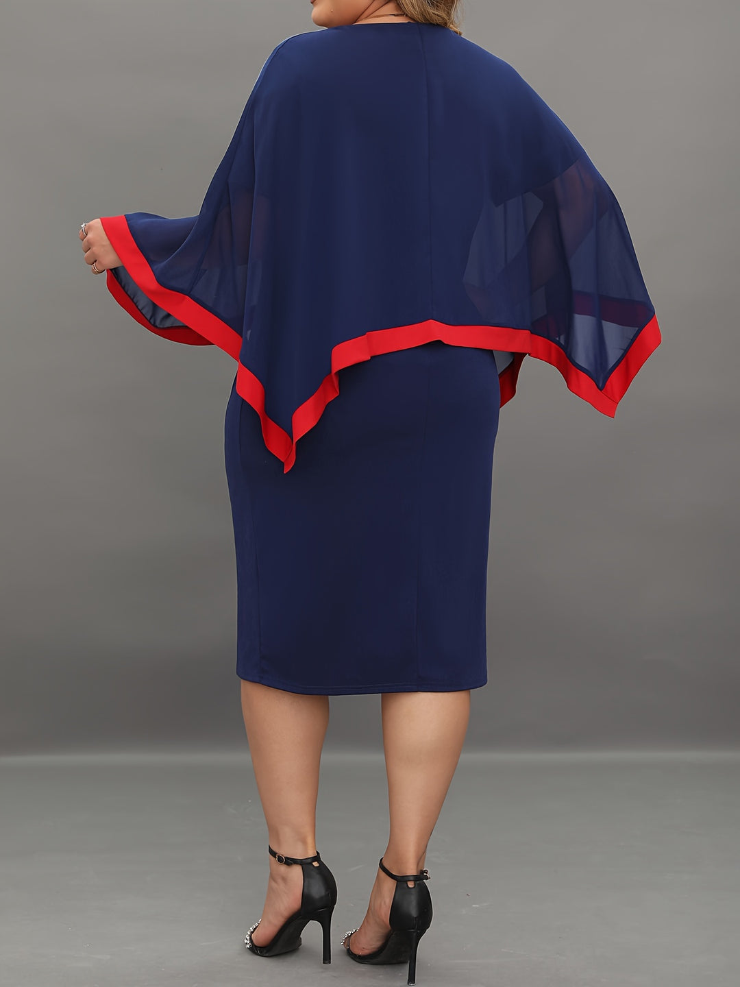 Elegant Plus Size Bodycon Dress with Cape Sleeves and Contrast Trim, Perfect for All Seasons, Women's Plus Size Clothing