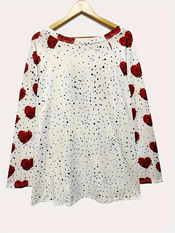 Plus Size Heart Print Top, Casual Crew Neck Long Sleeve Top, Women's Plus Size Clothing