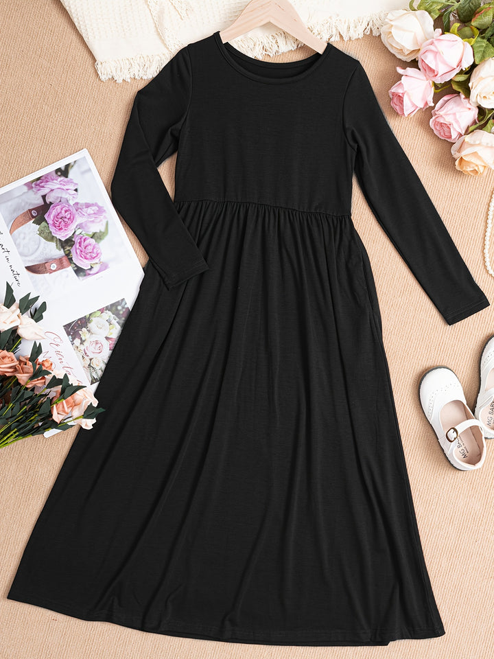 Solid Long Sleeve Pockets Maxi Dress For Girls Comfy Fit Kids Elegant Casual Dresses For Spring/ Fall