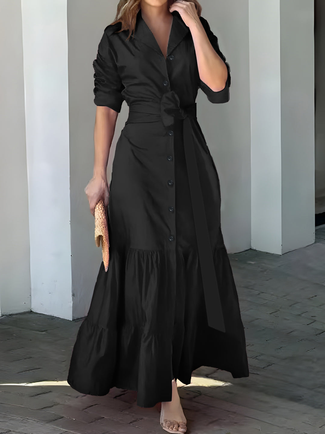 Solid Button Front Belted Dress, Elegant Ruched Sleeve Ruffle Trim Maxi Dress, Women's Clothing
