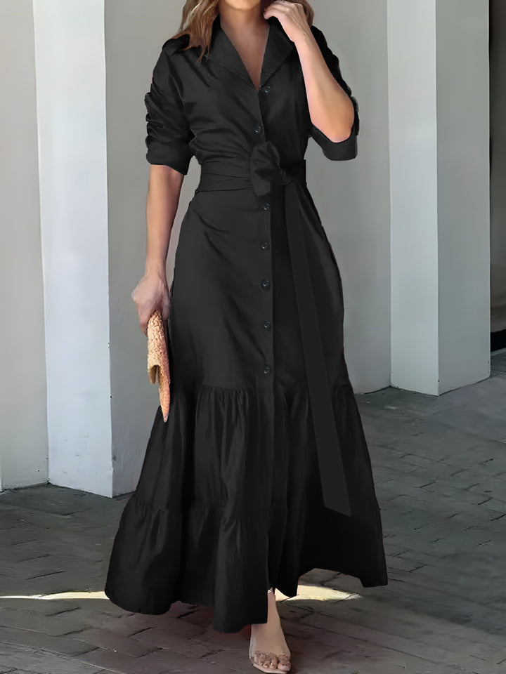 Solid Button Front Belted Dress, Elegant Ruched Sleeve Ruffle Trim Maxi Dress, Women's Clothing