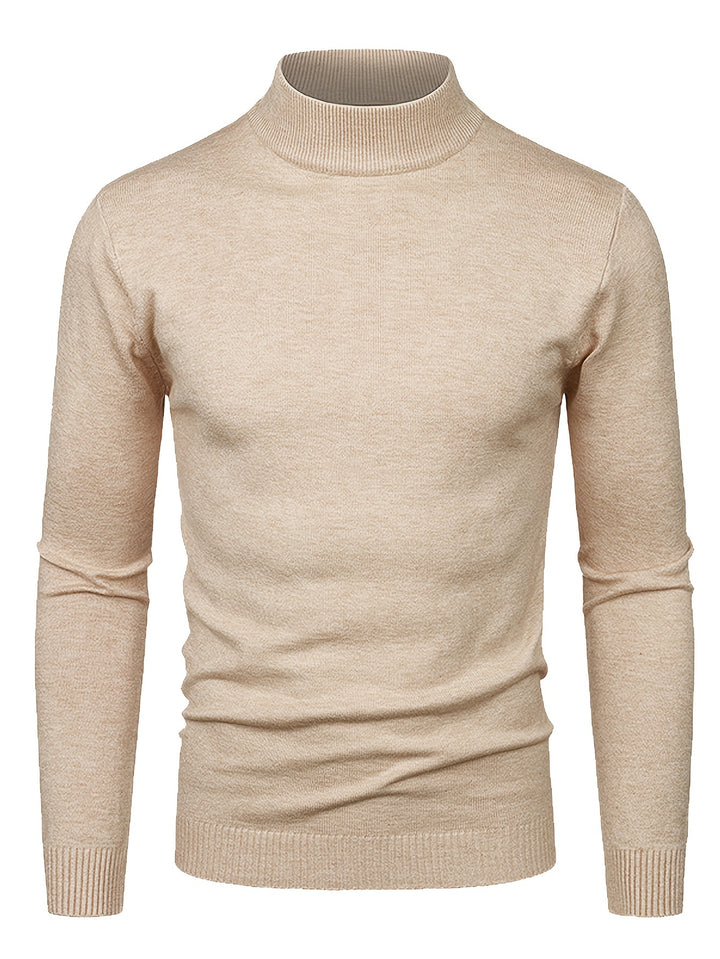 Turtle Neck Knitted Sweater, Men's Casual Warm Solid Mid Stretch Pullover Sweater For Fall Winter