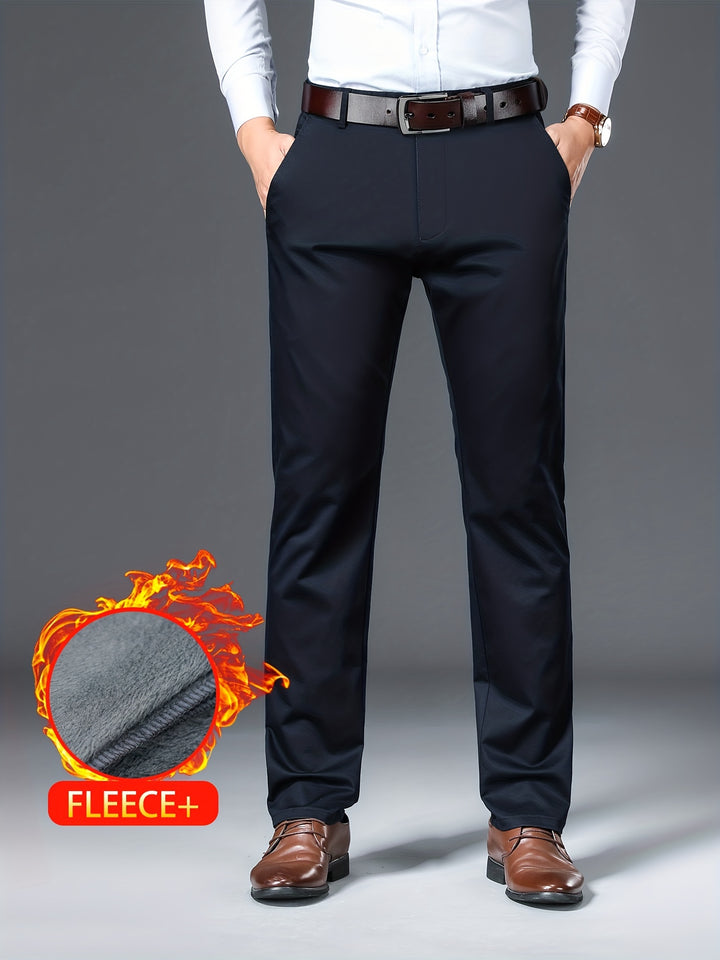Warm Fleece Dress Pants, Men's Formal Solid Color Stretch Dress Pants For Fall Winter Business