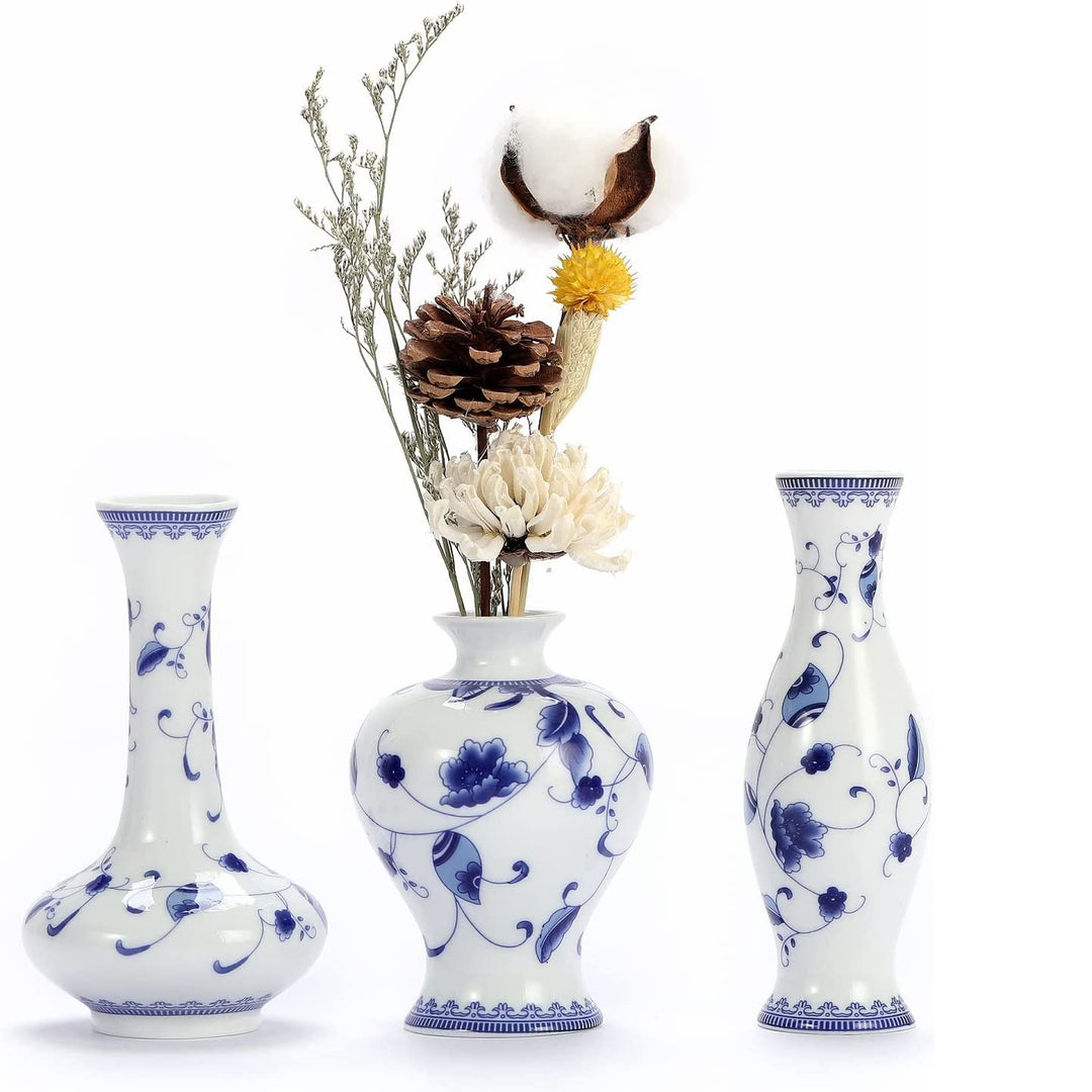 3pcs 1 set Cute Blue and White Ceramic Bud Vase for Farmhouse Table Centerpiece and Rustic Wedding Decorations - Chinese Antique Style Vase for Home Table Flower Decor