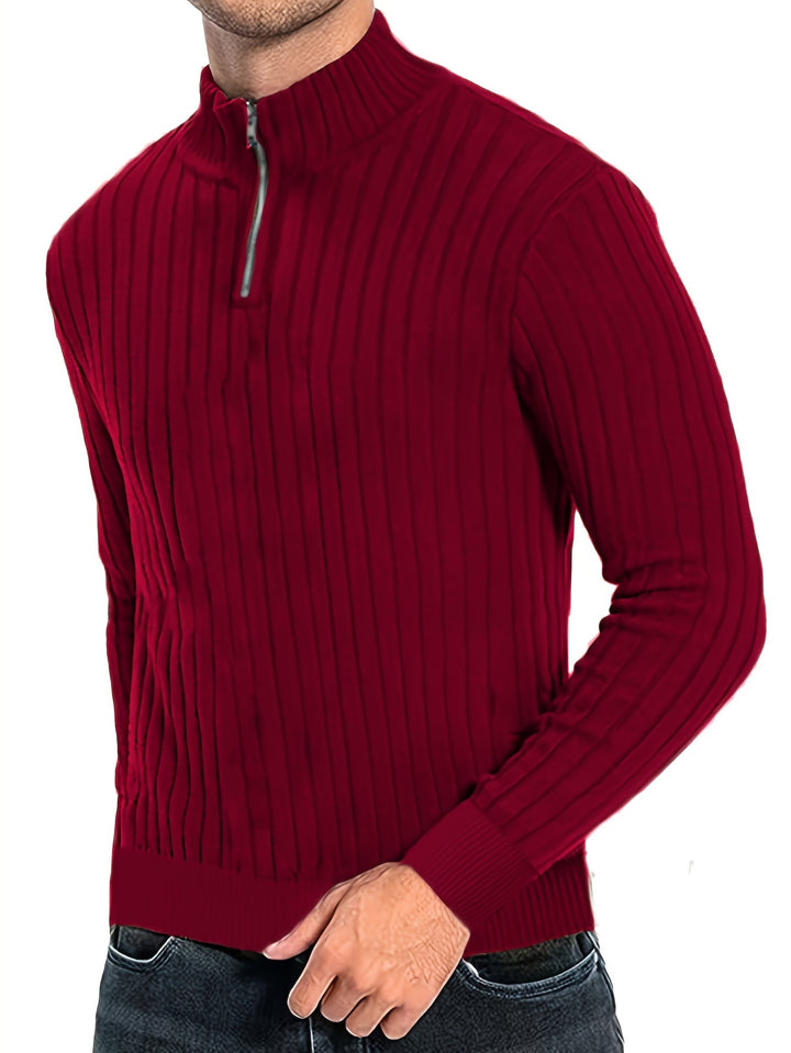 Ribbed Knitted Half Zipper Sweater, Men's Casual Warm Slightly Stretch Stand Collar Pullover Sweater For Men Fall Winter