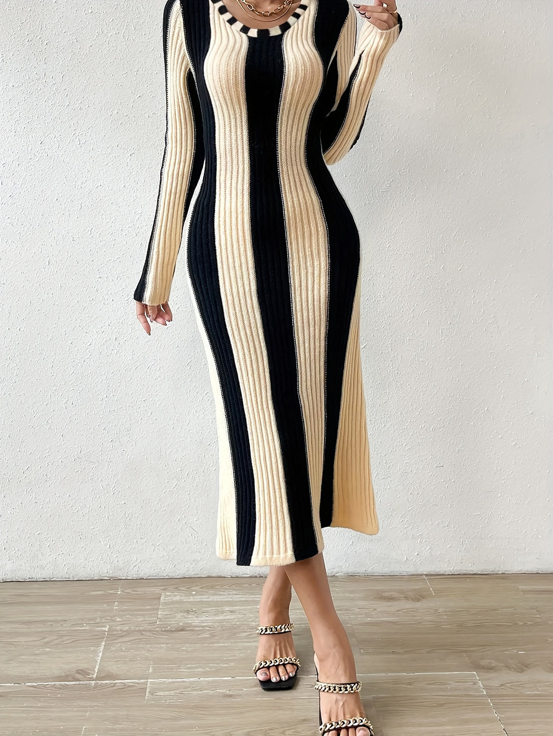 Stripe Color Block Dress, Bodycon Crew Neck Long Sleeve Dress, Women's Clothing