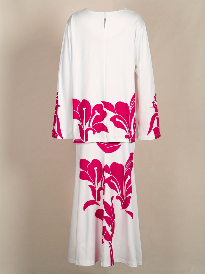 Plus Size Floral Print Two-piece Skirt Set, Crew Neck Long Sleeve Top & High Waist Skirts Outfits, Women's Plus Size Clothing