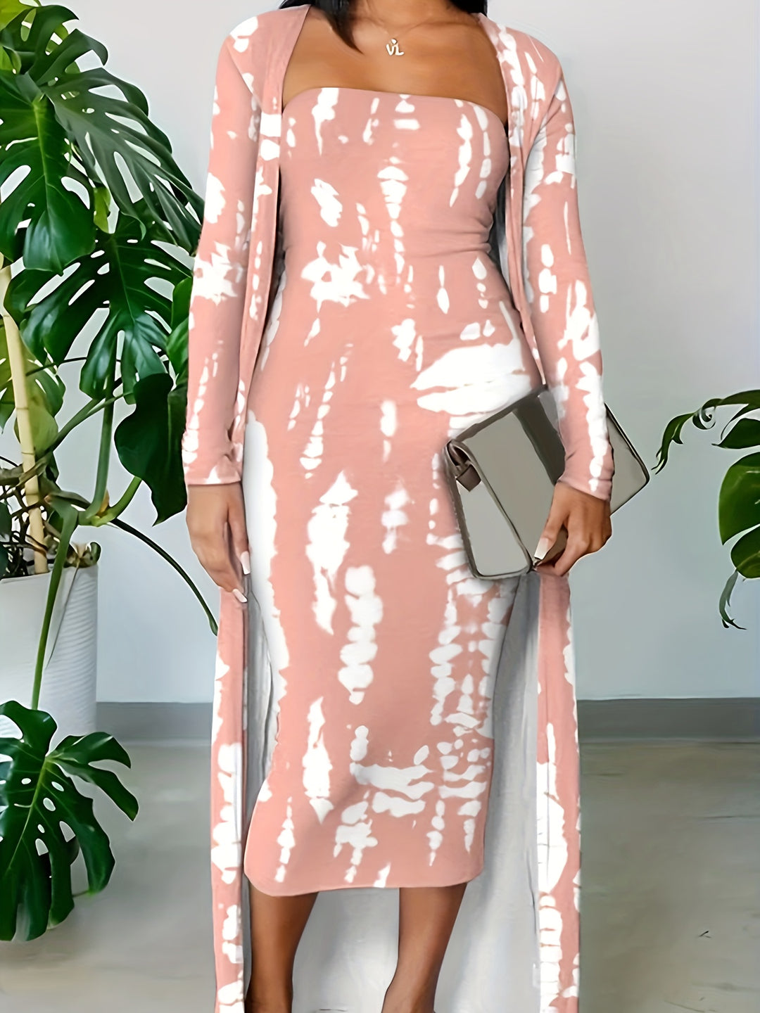 Plus Size Elegant Outfits Set, Women's Plus Tie Dye Long Sleeve Open Front Cardigan & Tube Bodycon Midi Dress Outfits Two Piece Set