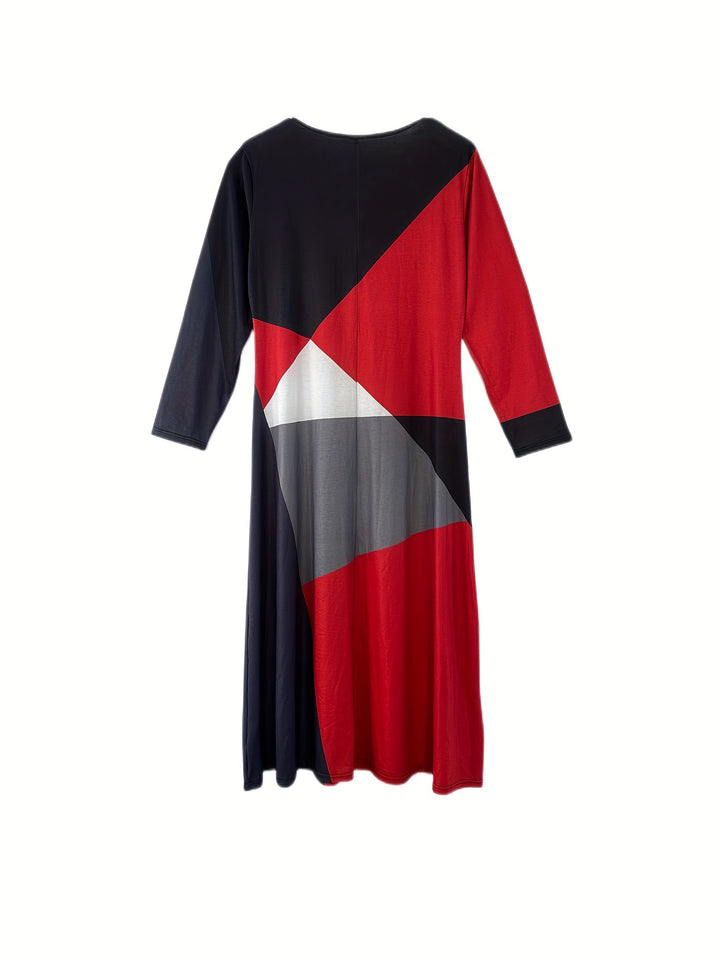 Plus Size Casual Dress, Women's Plus Colorblock Long Sleeve Round Neck Slight Stretch Maxi Dress