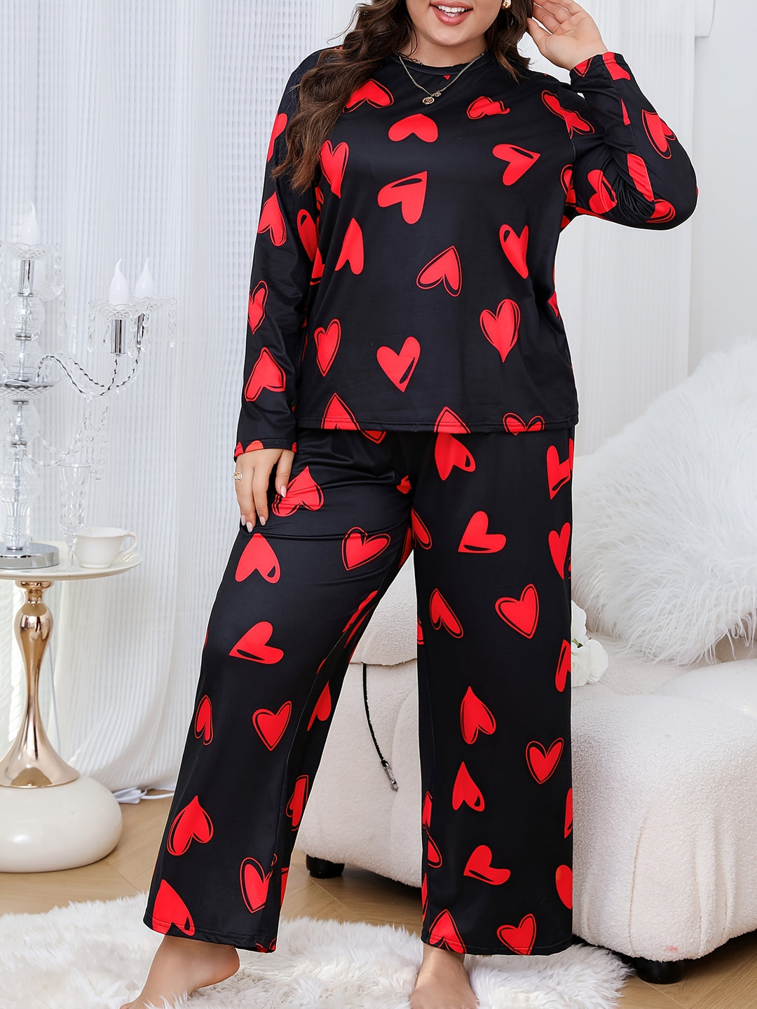 Women's Valentine's Day Casual Pajamas Set, Plus Size Heart Print Long Sleeve Medium Stretch Top & Pants Loungewear 2 Piece Set