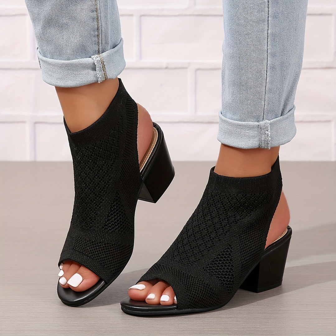 Women's Chunky Heeled Sandals, Knitting Peep Toe Slip On Slingback Low Heels, Fashion Fabric Sandals