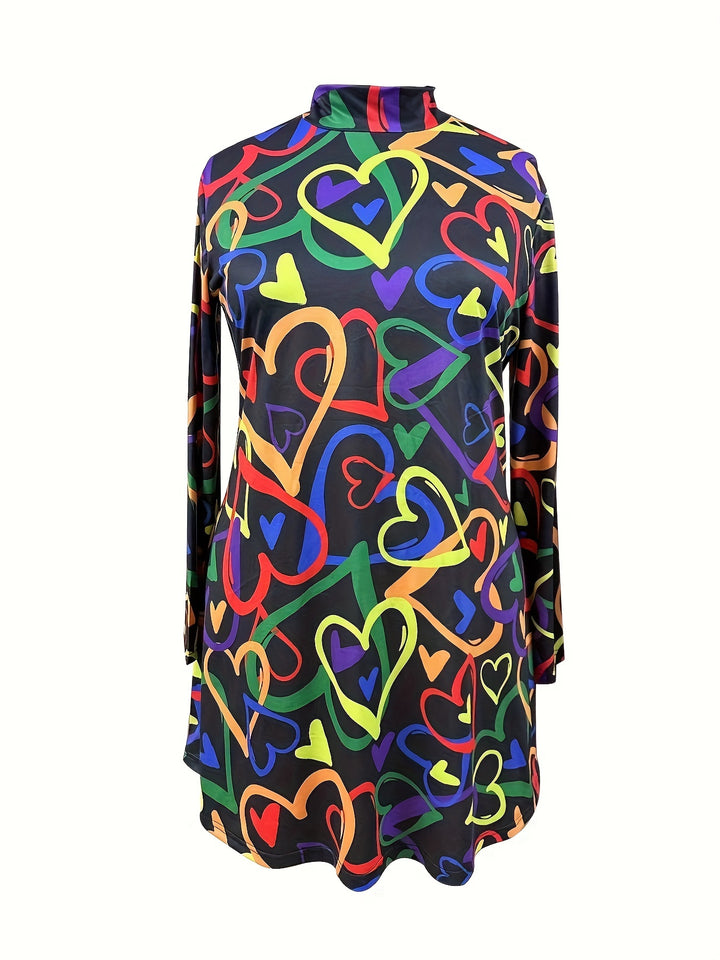 Plus Size Heart Print Dress, Cute Turtleneck Long Sleeve Dress For Spring, Women's Plus Size Clothing