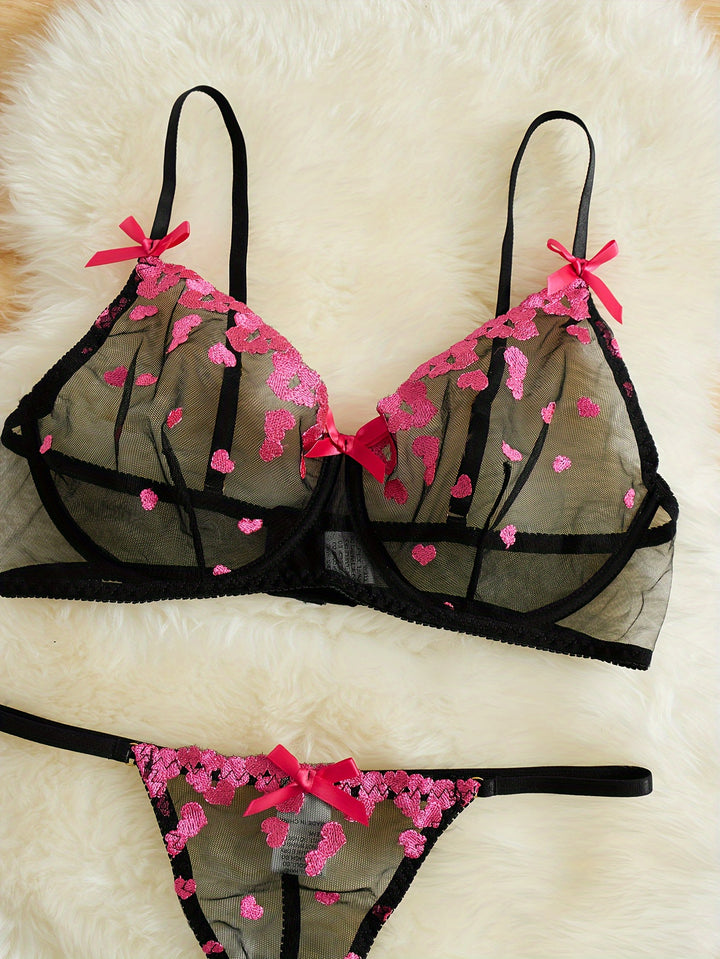 Women's Valentine's Day Sexy Lingerie Set, Plus Size Heart Embroidered Bow Decor Sheer Mesh Bra & Thong Lingerie 2 Piece Set