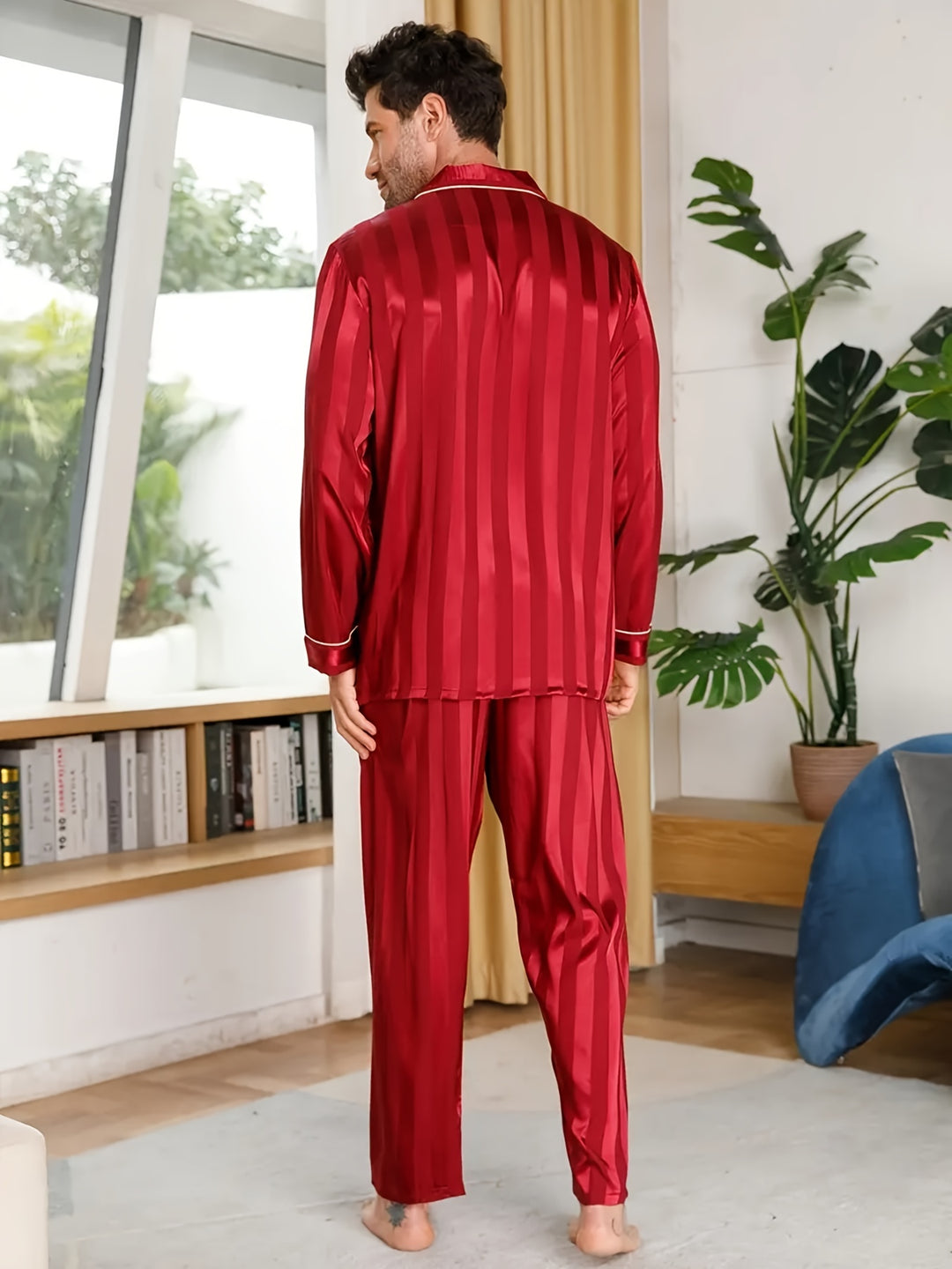 Men's Love Stripe Pattern Long Sleeve Ice Silk Pajamas Set, Button Down Pocket Shirt Top & Trousers Long Pants, Simple Casual Loungewear Set For Spring Autumn Outdoor Home Wear, Two-piece Men's Outfits
