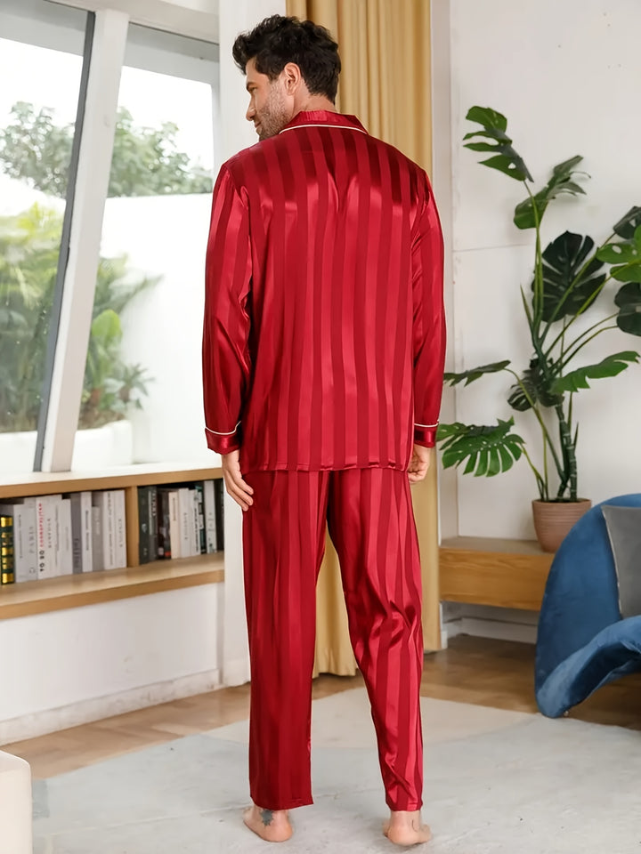 Men's Love Stripe Pattern Long Sleeve Ice Silk Pajamas Set, Button Down Pocket Shirt Top & Trousers Long Pants, Simple Casual Loungewear Set For Spring Autumn Outdoor Home Wear, Two-piece Men's Outfits