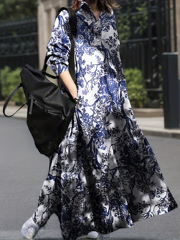 Vintage Graphic Print V-neck Dress, Elegant Long Sleeve Maxi Dress For Spring & Fall, Women's Clothing