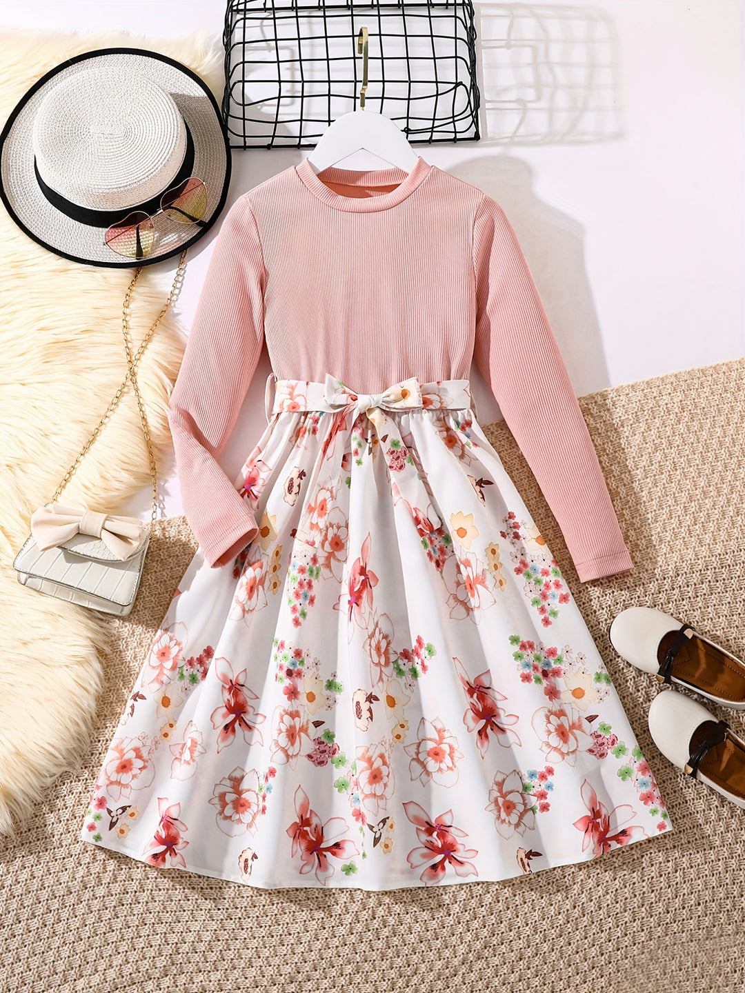 Girls Long Sleeves Round Neck Flowers Splicing Belted Dress For Party Kids Spring Clothes