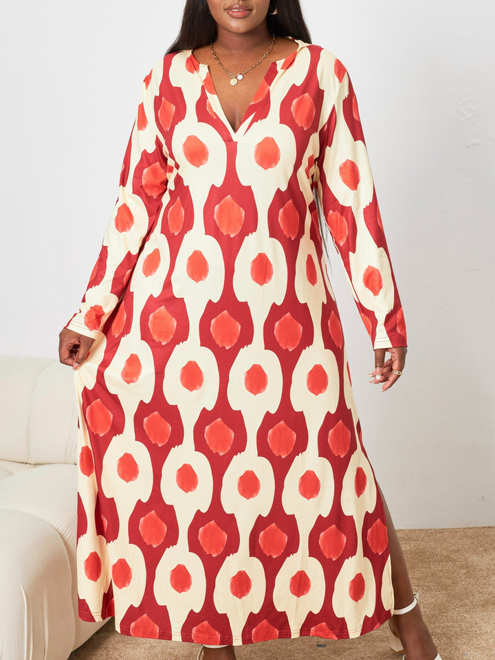 Stylish Plus Size Maxi Dress for Women, Allover Print V Neck Split Hem Design