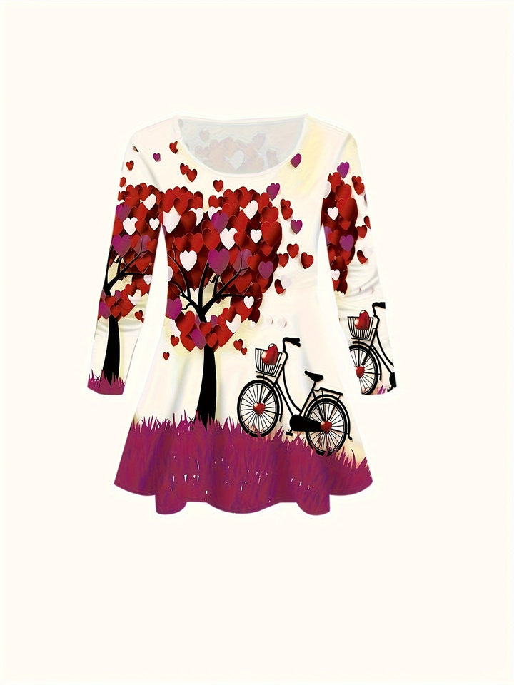 Plus Size Heart Print Two-piece Set, Crew Neck Long Sleeve Top & Leggings Outfits, Women's Plus Size Clothing