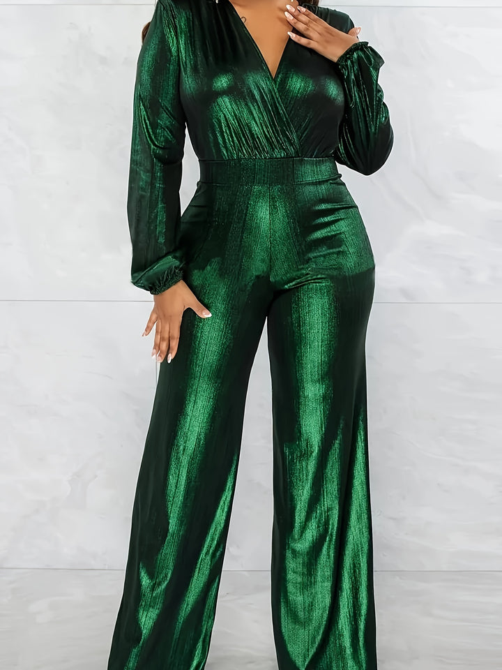 Plus Size Solid Color Wide Leg Jumpsuit, Casual Surplice Neck Long Sleeve Jumpsuit, Women's Plus Size Clothing