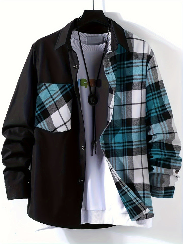 Boy's Plaid Button Down Shirt, Kids Lapel Color Block Trendy Long Sleeve Casual Tee Tops With Pocket For All Season