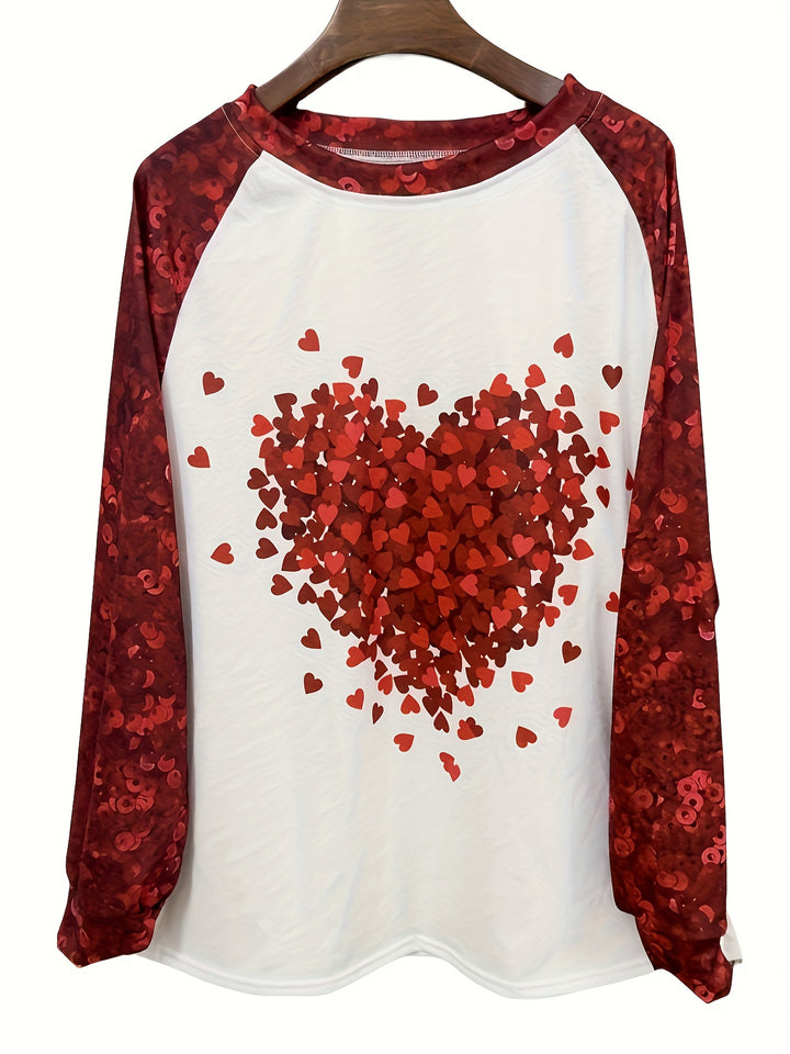 Plus Size Heart Print T-Shirt, Valentine's Day Crew Neck Long Sleeve T-Shirt, Women's Plus Size Clothing