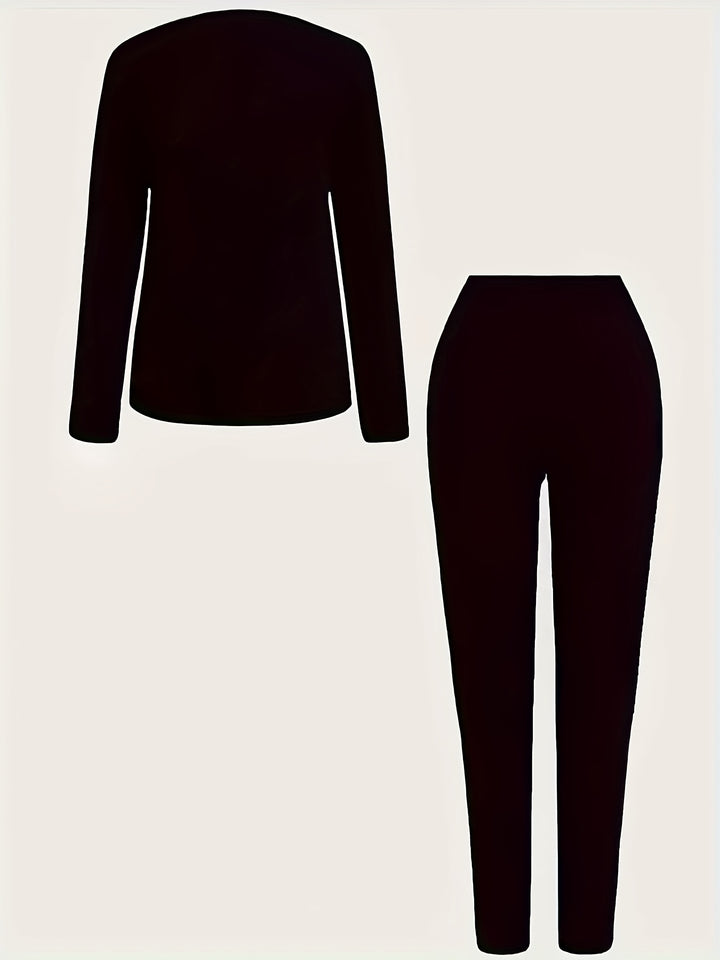 Plus Size Casual Outfits Two Piece Set, Women's Plus Heart & Floral & Letter Print Long Sleeve V Neck Top & Leggings Outfits 2 Piece Set