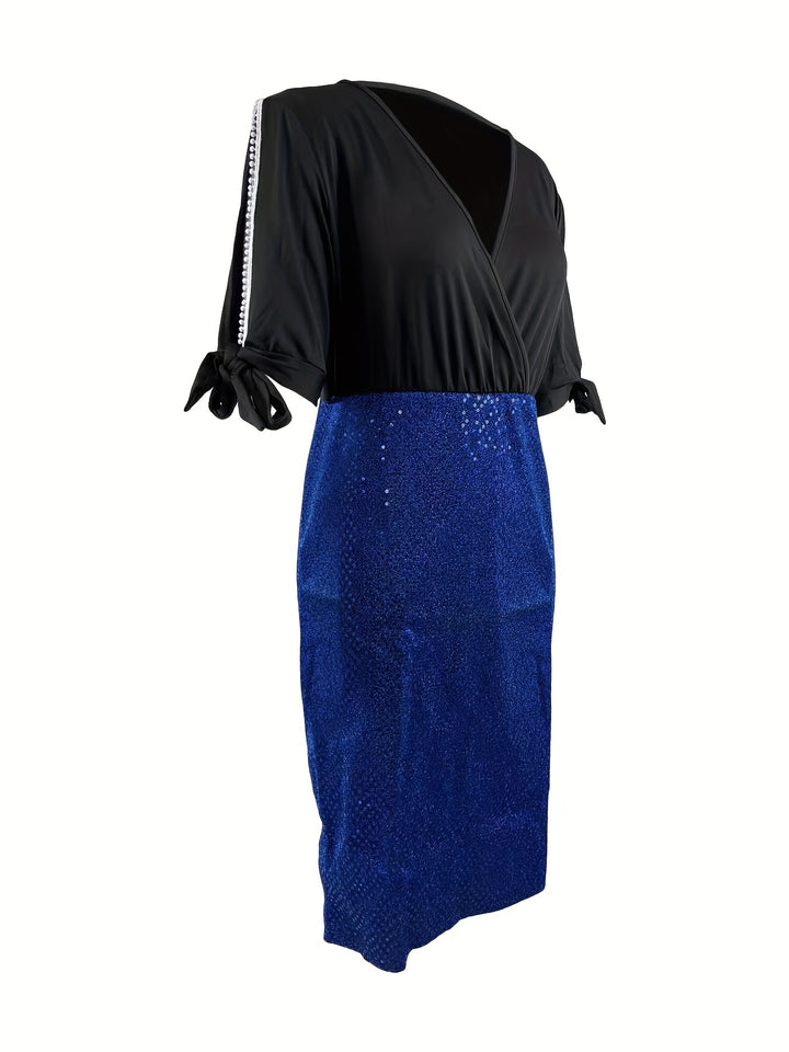 Plus Size Party Dress, Women's Plus Faux Pearl Decor Cut Out Sequin Slim Fit Event Dress