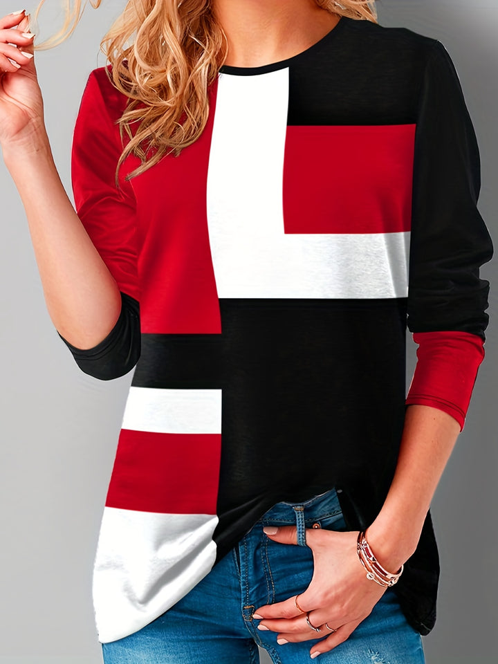 Plus Size Casual T-shirt, Women's Plus Colorblock Long Sleeve Round Neck Medium Stretch Tee