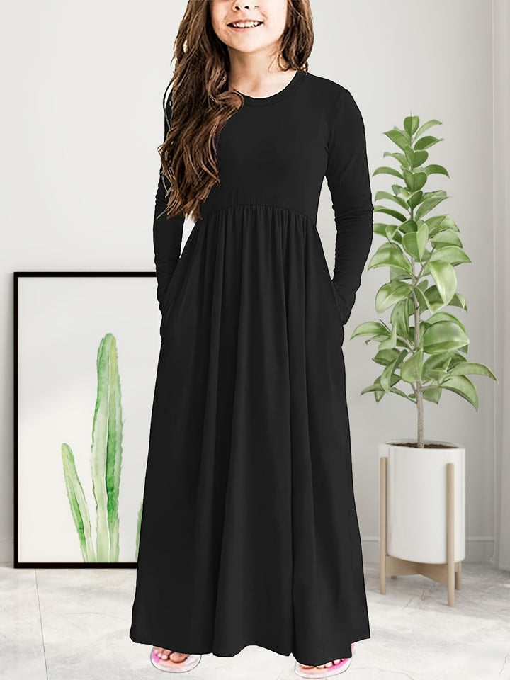 Solid Long Sleeve Pockets Maxi Dress For Girls Comfy Fit Kids Elegant Casual Dresses For Spring/ Fall