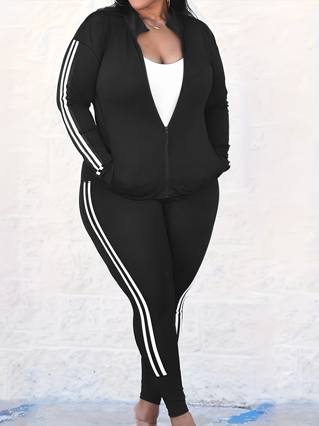 Plus Size Sporty Outfits Set, Women's Plus Striped Long Sleeve Zipper Front Medium Stretch Coat & Joggers Outfits 2 Piece Set