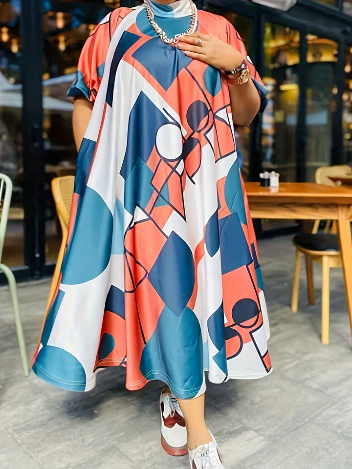 Plus Size Casual Dress, Women's Plus Colorblock Geometric Print Short Sleeve Mock Neck Slight Stretch Maxi Dress