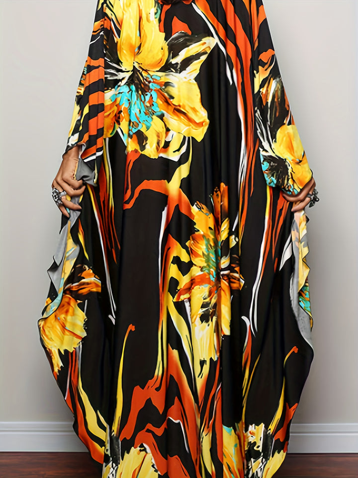 Plus Size Boho Dress, Women's Plus Floral Print Batwing Sleeve V Neck Maxi Split Dress