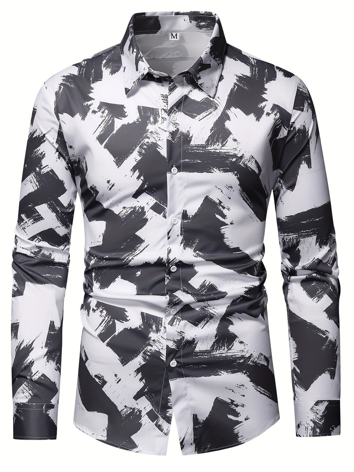 Fashion Geometric Pattern Men's Casual Long Sleeve Button Up Shirt, Spring Fall