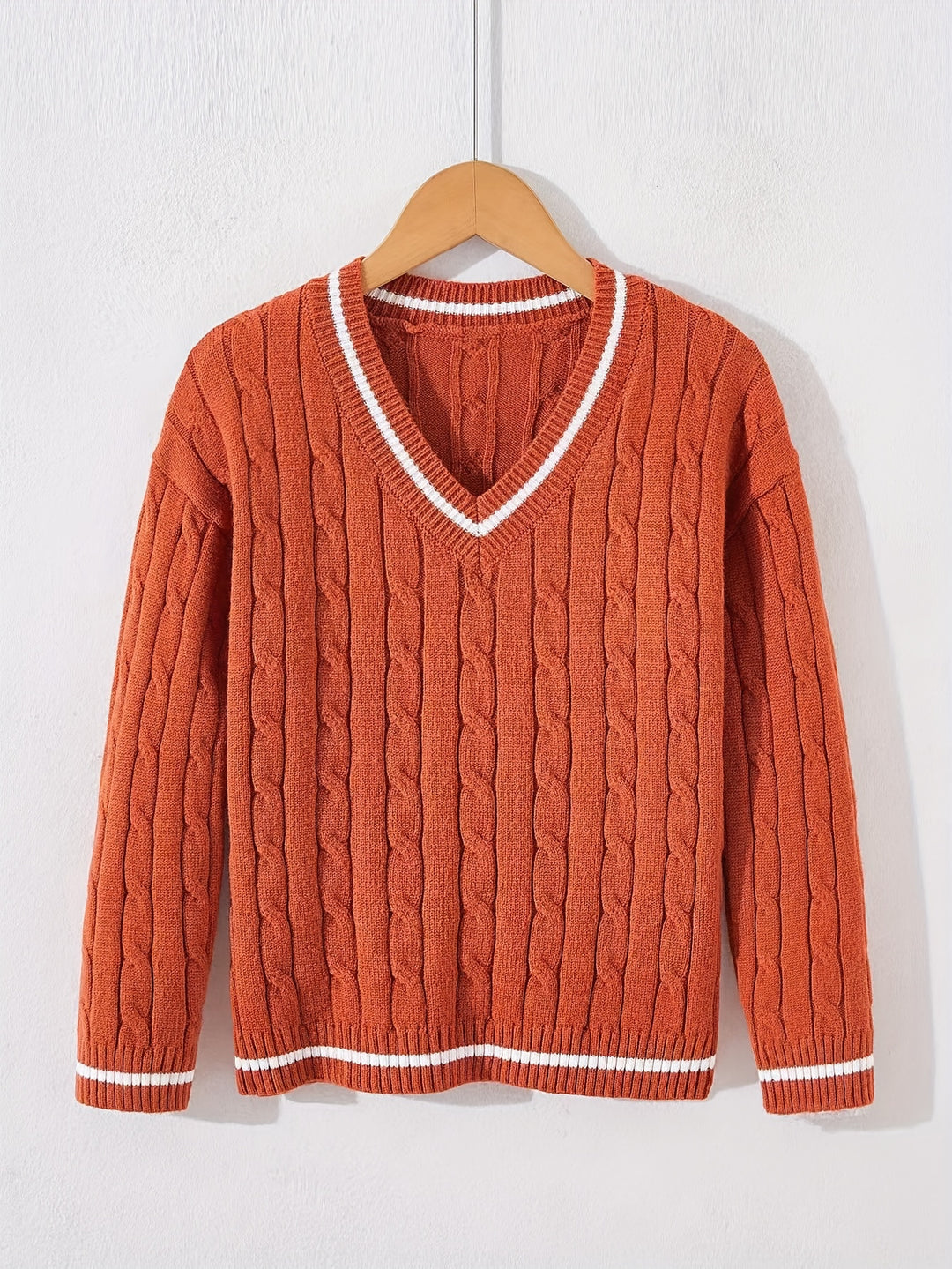 Kid's Preppy Style V-neck Sweater, Cable Knit Pullover, Causal Long Sleeve Top, Boy's Clothes For Spring Fall Winter