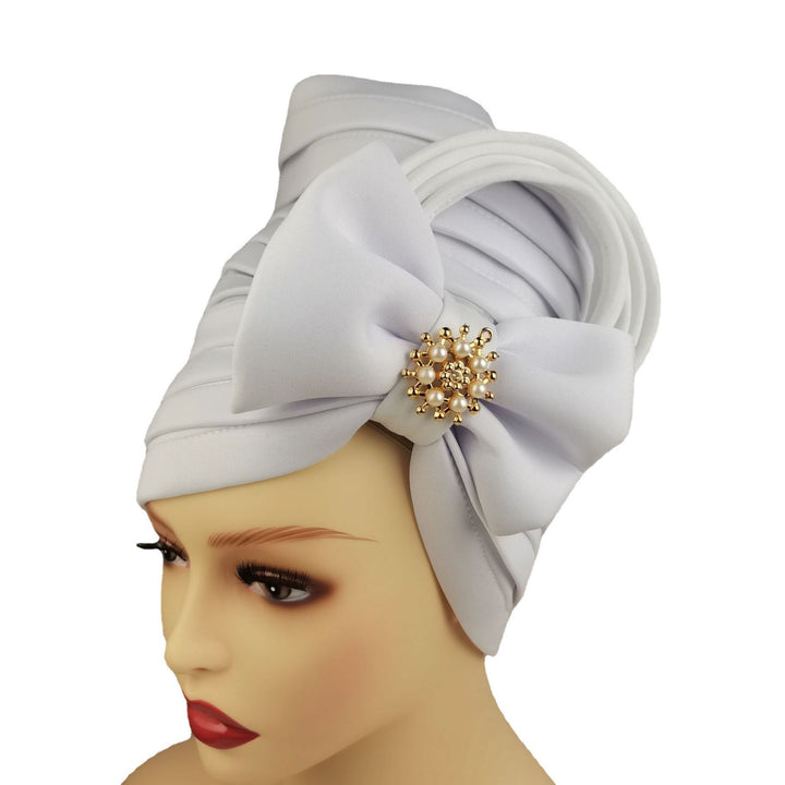 Faux Pearl Alloy Decor Turban Cap Elegant Bow Bandana Multi Layer Wrinkled Trendy Adjustable Hijab Women Hair Accessories