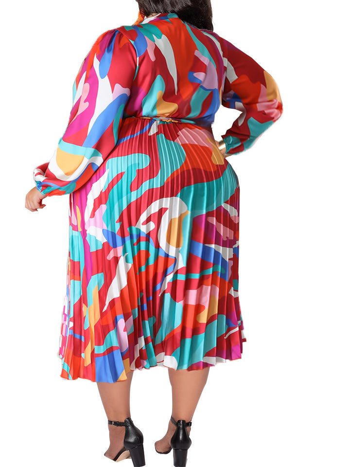 Elegant Plus Size Maxi Dress with Tie Neck, Abstract Print & Lantern Sleeves