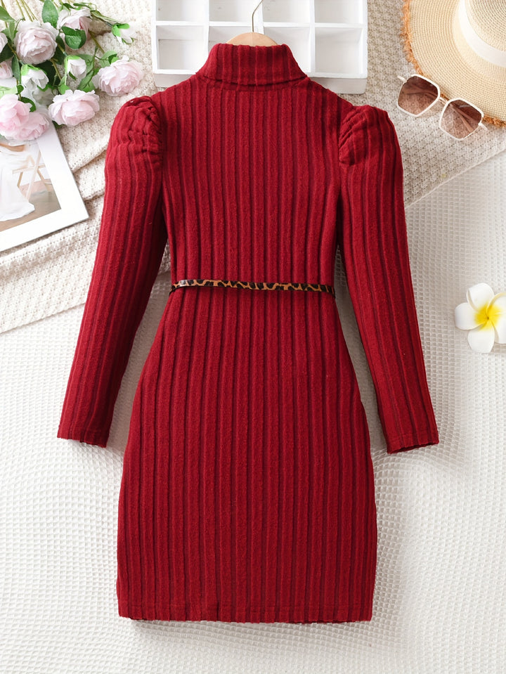 Elegant Ribbed Knit Dress With Belt, Girls, High Neck Long Sleeve Dresses For Autumn / Winter, Gift, Party, Girls' Clothing