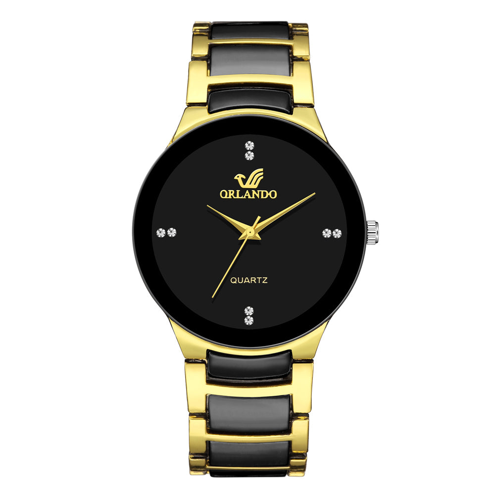 Men's British Style Golden Steel Strap Pointer Plated Diamond Quartz Watch