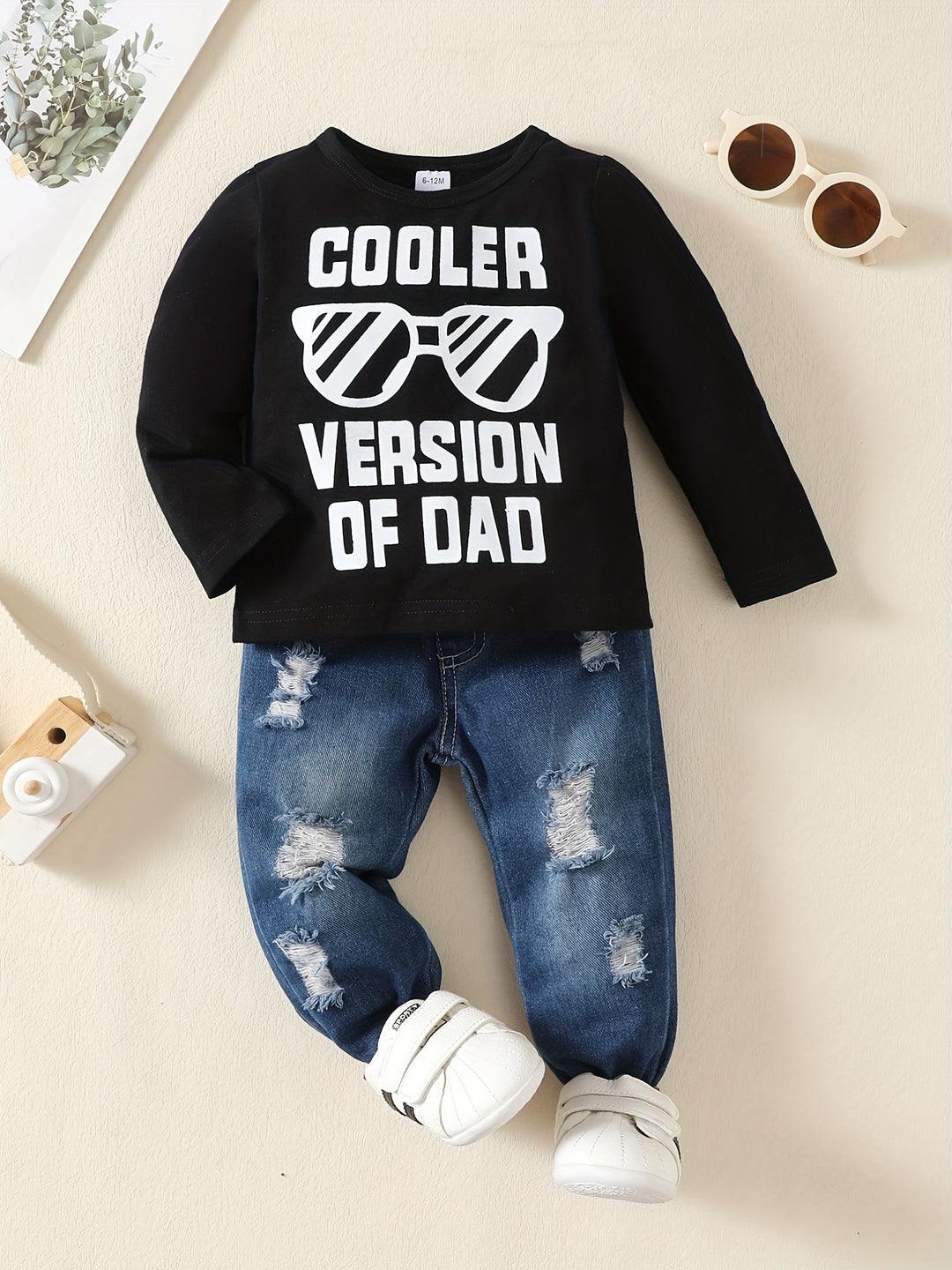 Toddler Baby Boys Trendy Casual Outfit, COOLER VERSION OF DAD Letter Print Long Sleeve Top & Ripped Jeans Set