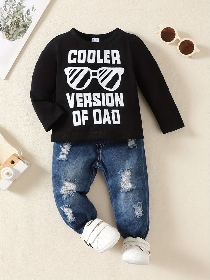Toddler Baby Boys Trendy Casual Outfit, COOLER VERSION OF DAD Letter Print Long Sleeve Top & Ripped Jeans Set