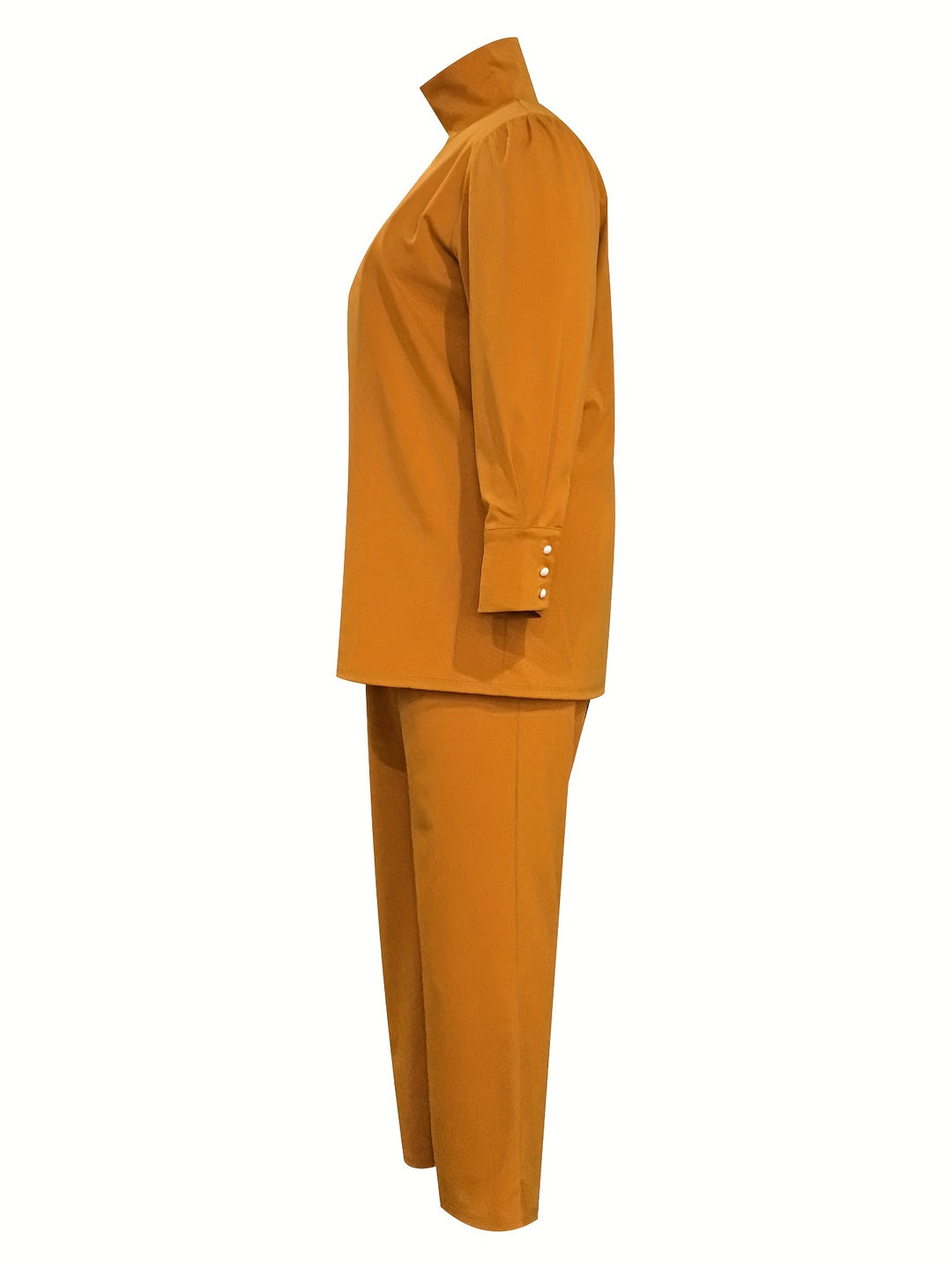 Plus Size Casual Outfits Set, Women's Plus Solid Button Detail Long Sleeve Turtleneck Wrap Hem Top & Pants Outfits 2 Piece Set