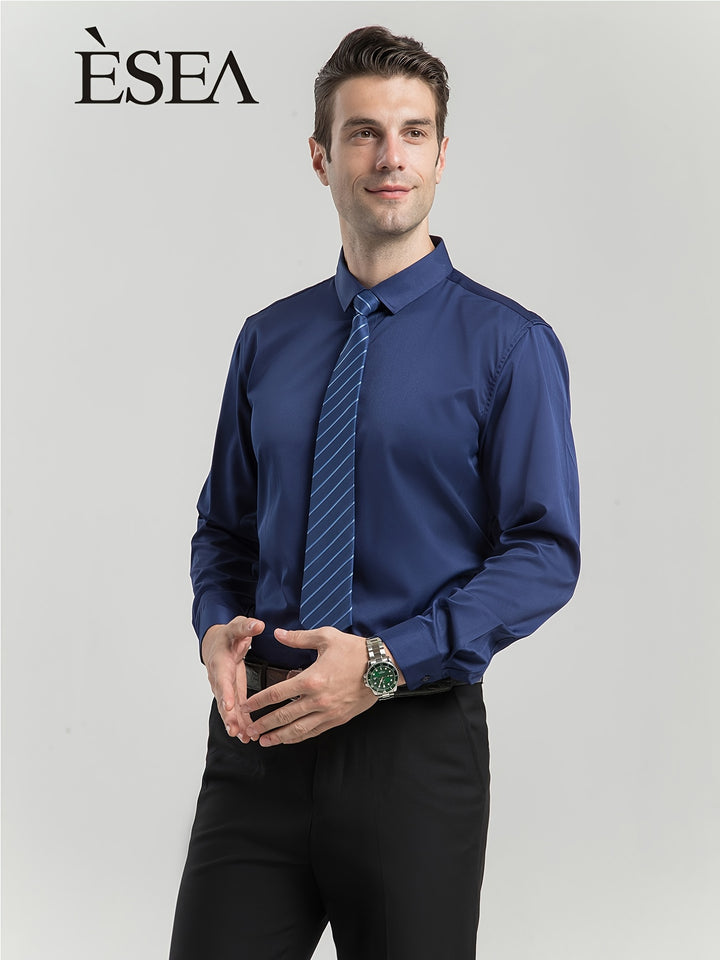 ESEA Men's Europe And The United States Dress Shirt Conventional Version Of Pure-color Non-pocket Wrinkle-free Business Casual Slim Long-sleeved Shirt Elastic Europe And The United States Plus-size Button-up Commuter Dress Shirt Jacket