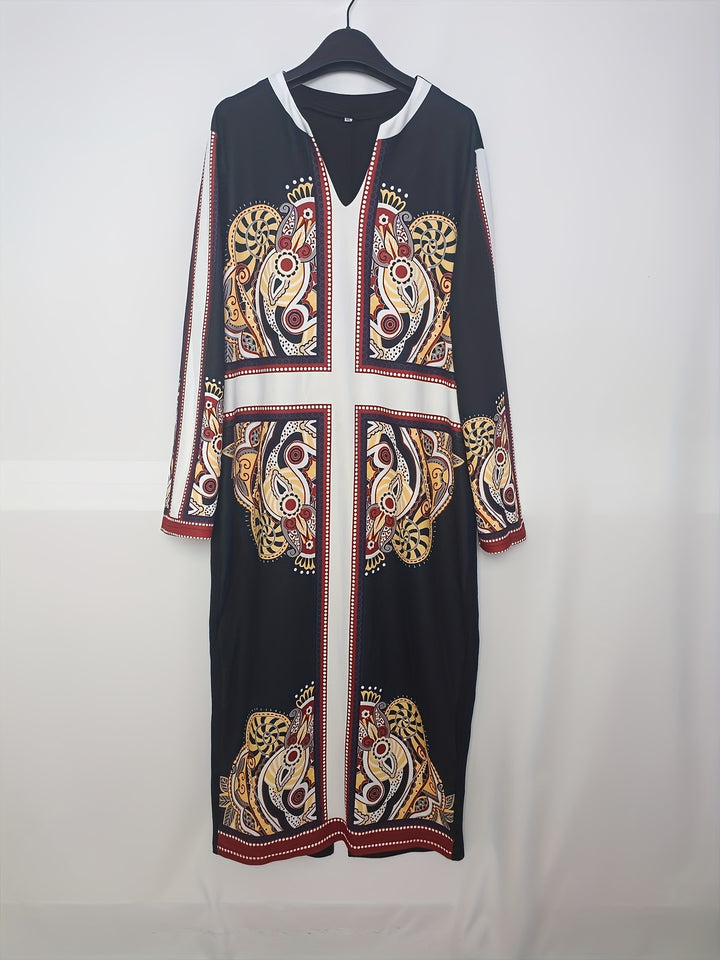 Plus Size Boho Dress, Women's Plus Cross & Paisley Print Long Sleeve Notched Neck Slight Stretch Maxi Slim Fit Dress