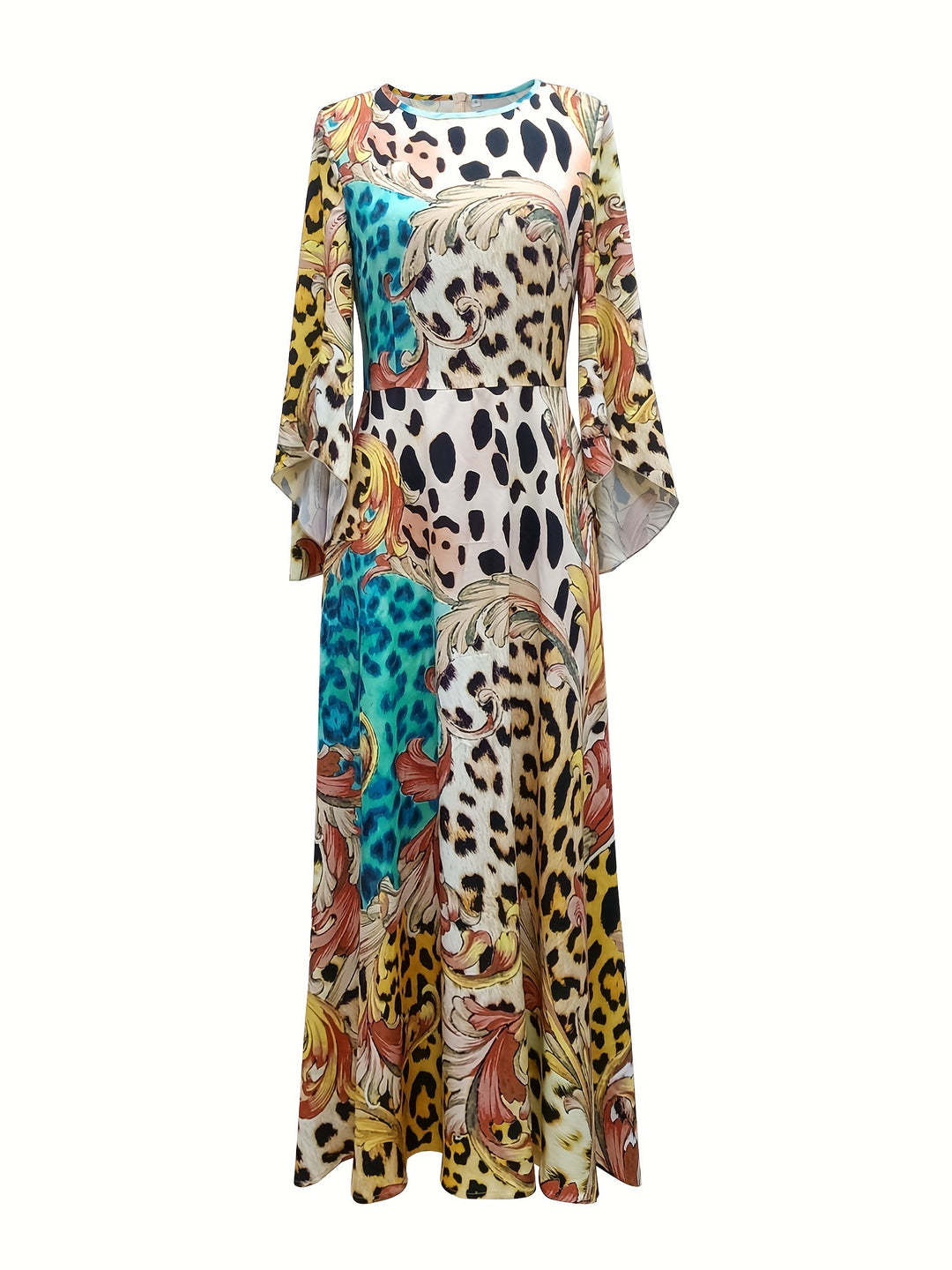 Leopard Print Splicing Dress, Boho Crew Neck Maxi Dress With Pockets, Women's Clothing