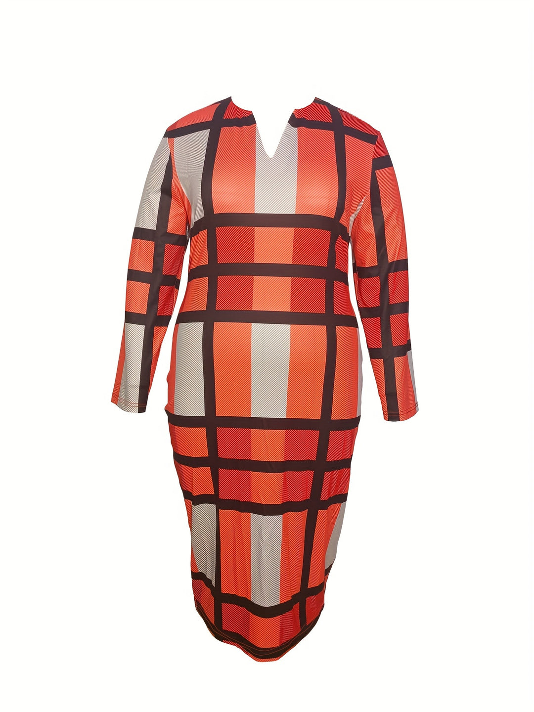 Plus Size Elegant Dress, Women's Plus Plaid Print Long Sleeve Notched Neck Bodycon Midi Dress